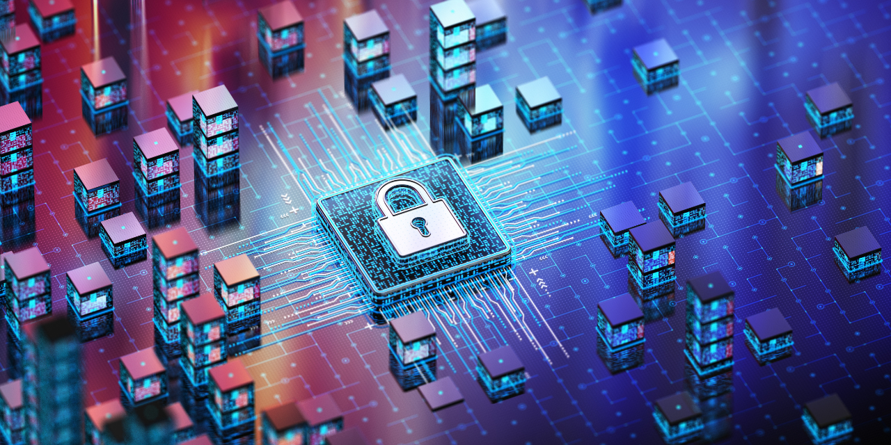 Digital illustration of cybersecurity featuring a central padlock icon symbolizing security, surrounded by small cubes representing data blocks or servers. 